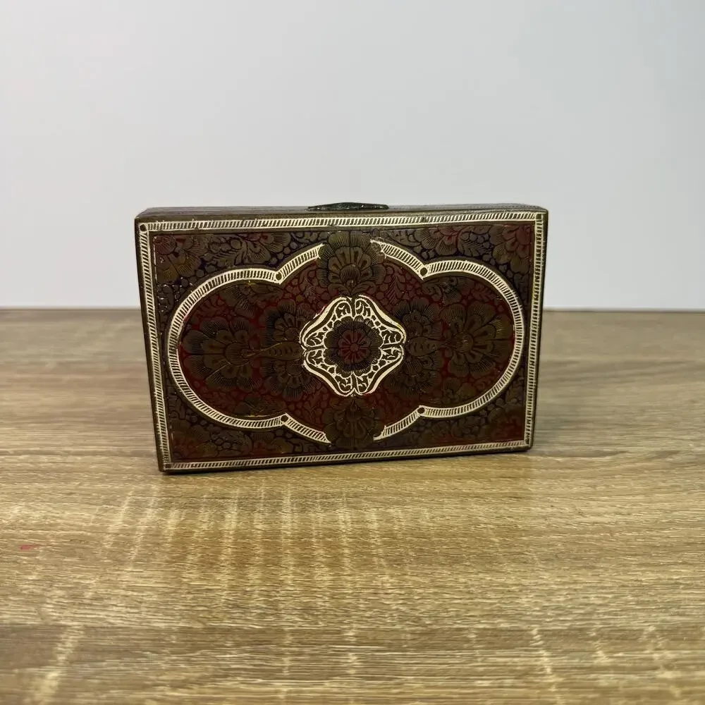Vintage Brass Cigarette Holder Intricate Ornate Trinket Box Wood Lined